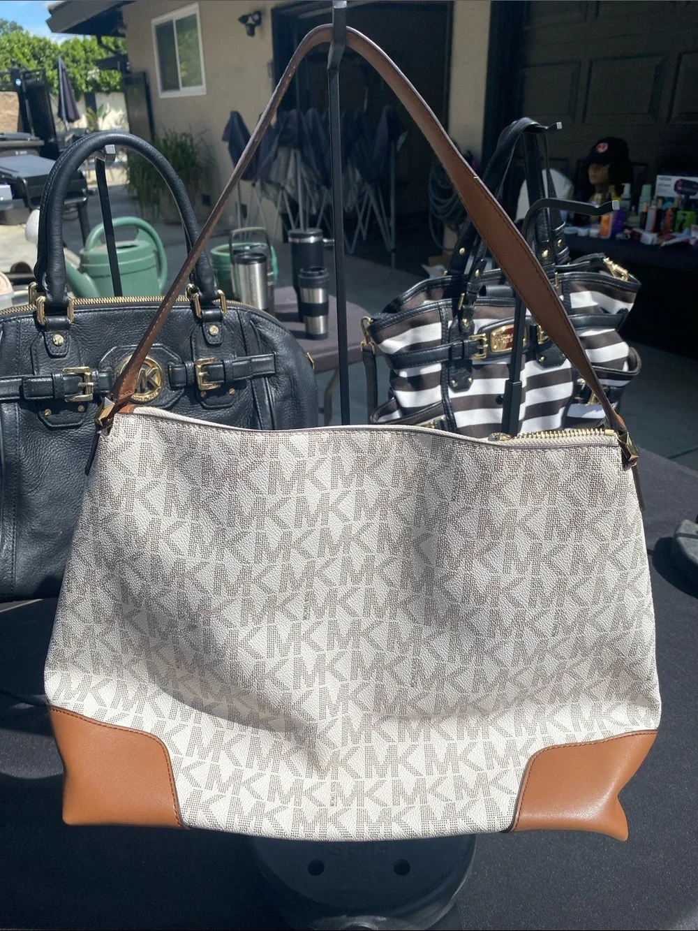 Michael Kors Beige MK Monogram Shoulder Tote with Brown Trim - Picture 2 of 3